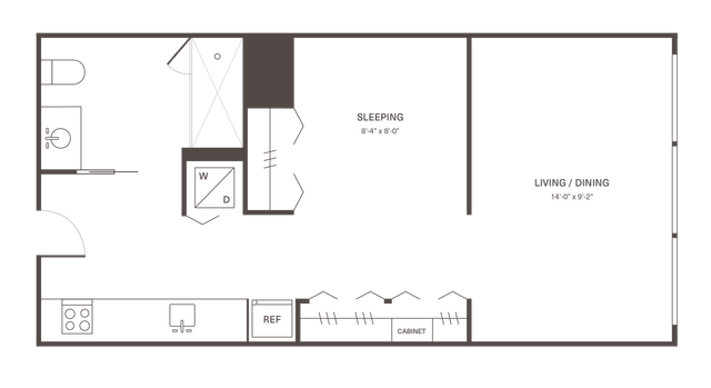 Modern studio floor plan featuring a spacious living and dining area, efficient sleeping space, full kitchen, and bathroom.
