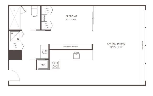 Chic floor plan showcasing a compact studio with a spacious living/dining area, a functional kitchen, and built-in storage.