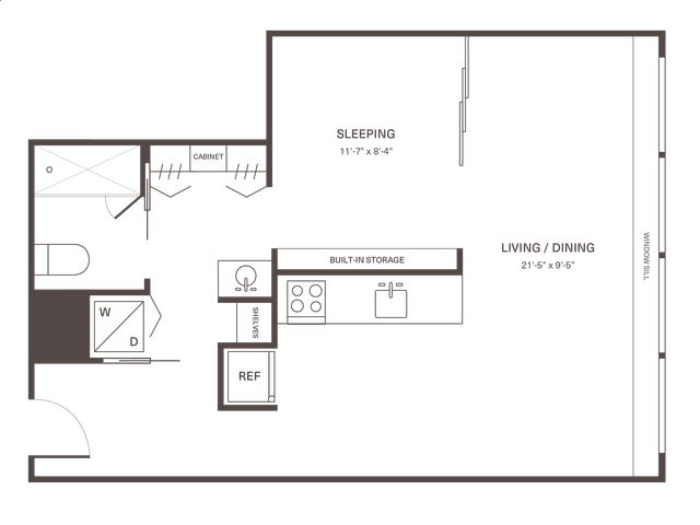 Modern floor plan featuring a 1-bedroom with spacious living and dining area, well-equipped kitchen, and built-in storage.