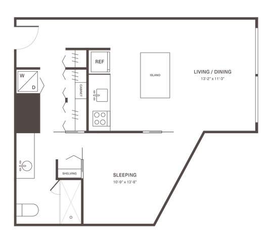 Contemporary open floor plan featuring spacious living/dining area with kitchen island, versatile sleeping zone, and convenient bathroom.