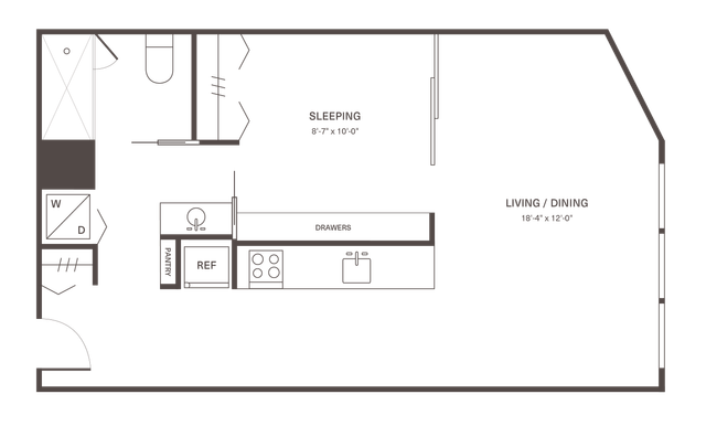 Modern studio apartment floor plan featuring a spacious living and dining area, functional kitchen with pantry, and cozy sleeping space.