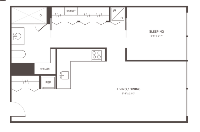 Modern studio apartment floor plan with dedicated sleeping area, open living/dining space, and a sleek kitchen featuring cabinets and shelving.