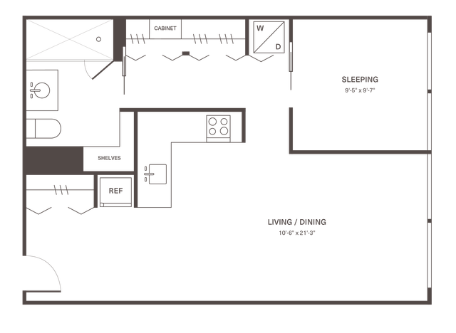 Modern floor plan showcasing a spacious open living and dining area, a cozy sleeping space, and a well-equipped kitchen with cabinets and shelves.