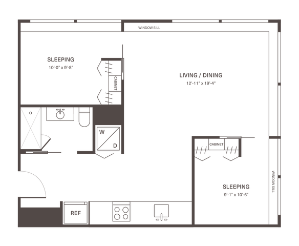 Modern floor plan featuring 2 sleeping areas, spacious living and dining space, and well-equipped kitchen.