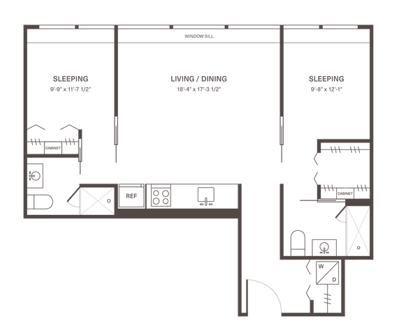 Contemporary floor plan showcasing two spacious sleeping areas, open living and dining, modern kitchen, and compact bathrooms with laundry access.