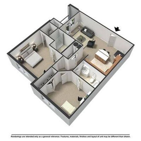 2x2 1085 Square Feet Floor Plan 3D