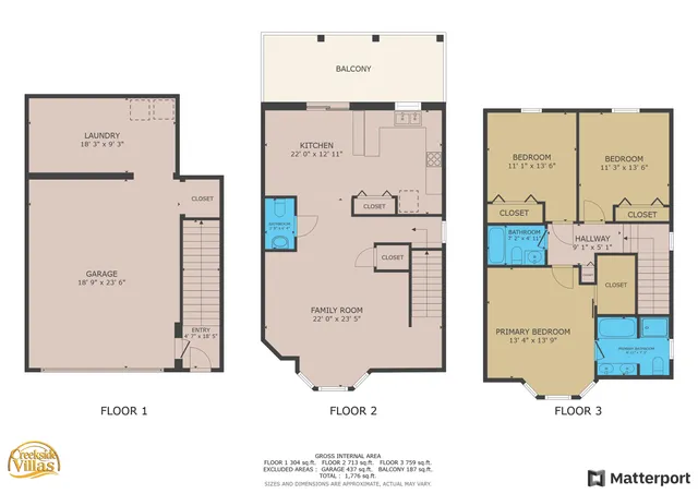 Charming 3-story floor plan showcasing a spacious garage, laundry area, and inviting entry on Floor 1; an open-concept kitchen and family room with balcony access on Floor 2; and three cozy bedrooms with ample closets and two bathrooms on Floor 3.