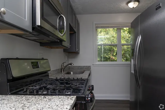 Modern kitchen with sleek stainless steel appliances, granite countertops, and large window for natural light.
