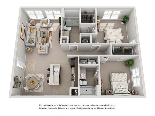 2 spacious bedrooms, an open living room, a stylish kitchen with an island, and a cozy dining area.