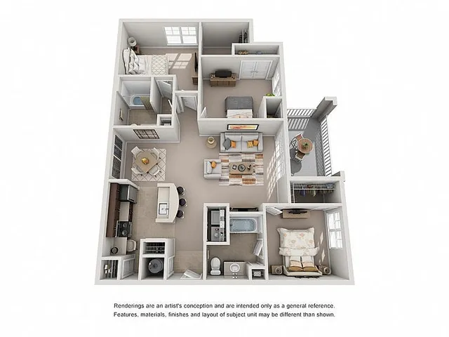 3 bedrooms, 2 baths, a cozy living room, modern kitchen, dining area, and a private balcony.