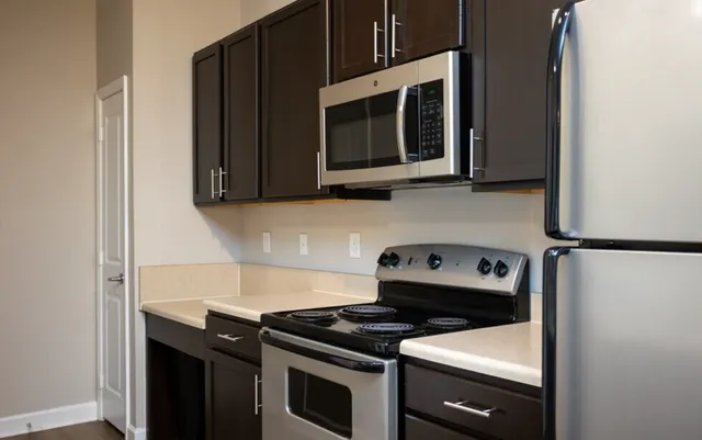 Modern kitchen with sleek stainless steel appliances, dark wood cabinets, and elegant countertops.