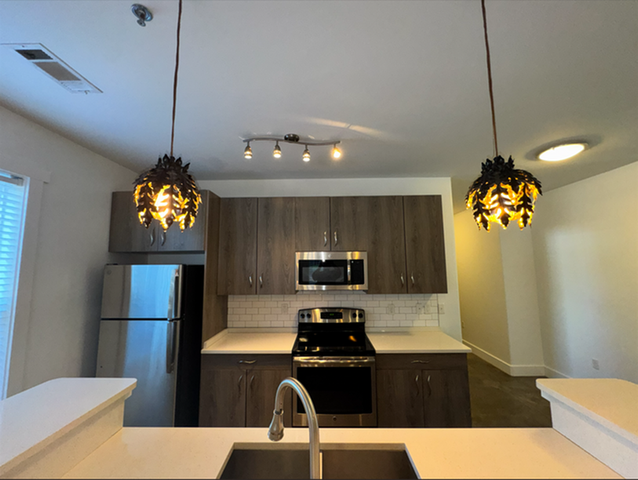 Modern kitchen design with stainless steel appliances, elegant pendant lighting, and contemporary dark wood cabinetry.