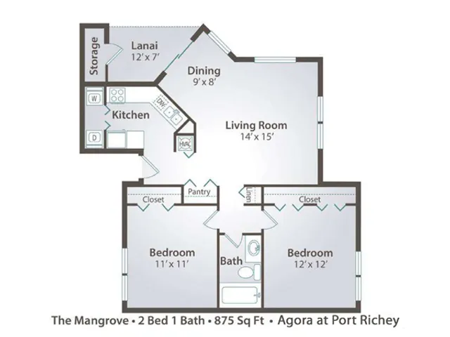 Agora at Port Richey, 2 bedroom 1 bath apartment home with 875 square feet, large walk-in closet, spacious living room, comfy dining area, sliding glass door to screened lanai, updated kitchen and appliances with refrigerator, stove and dis