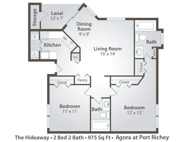 Agora at Port Richey, 2 bedroom 2 bath apartment home with 975 square feet, large walk-in closet, spacious living room, comfy dining area, sliding glass door to screened lanai, updated kitchen and appliances with refrigerator, stove and dis