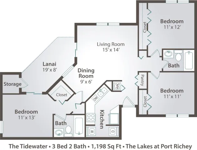 Agora at Port Richey, 3 bedroom 2 bath apartment home with 1198 square feet, large walk-in closet, spacious living room, comfy dining area, sliding glass door to screened lanai, updated kitchen and appliances with refrigerator, stove and di