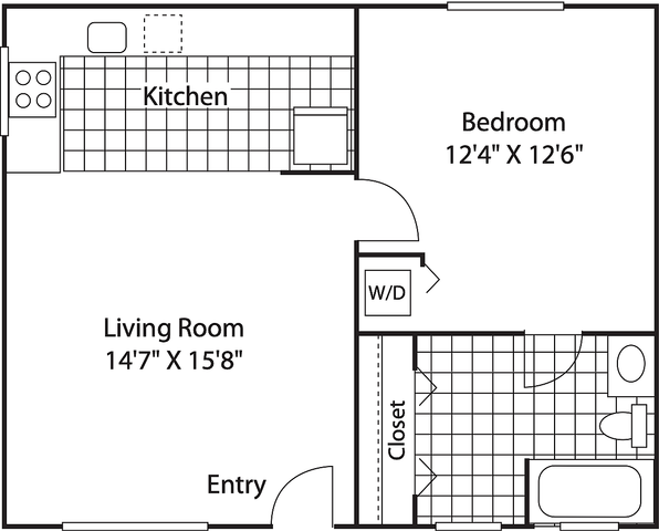 Modern floor plan highlighting a spacious living room, cozy bedroom, functional kitchen, and convenient bathroom with washer/dryer inclusion.