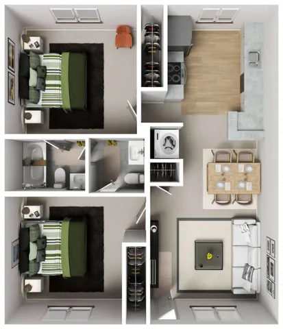 Floor plan showcasing 2 bedrooms, 2 bathrooms, open-concept kitchen with island, and cozy living area with dining space.