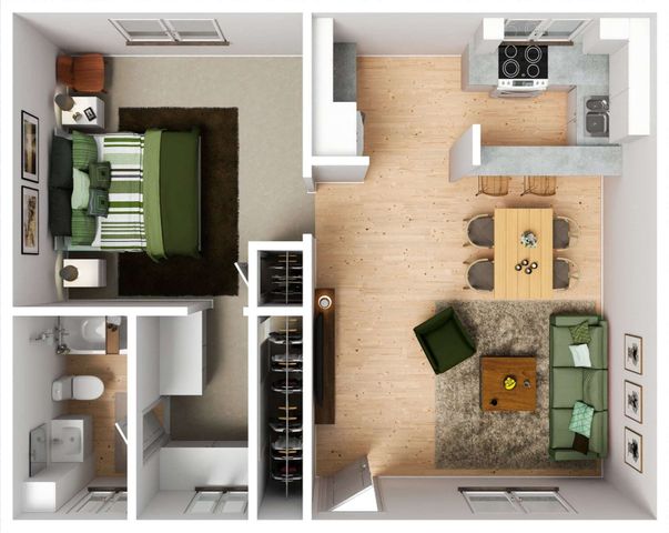 One Bedroom floor plan featuring a cozy bedroom, functional kitchen with dining area, and inviting living space.