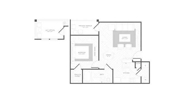 Angelfish Floorplan, 1 Bedroom 1 Bath, 652 Square Feet