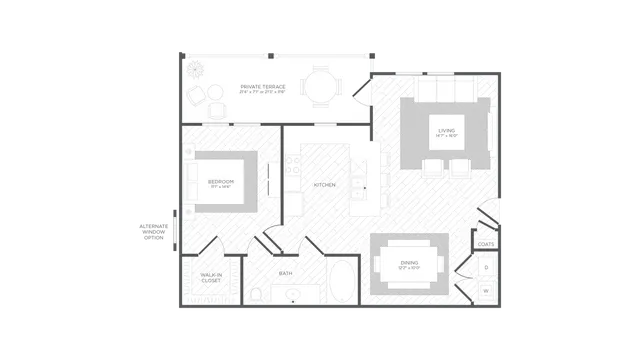 Dolphin Floorplan, 1 Bedroom 1 Bath, 804 Square Feet
