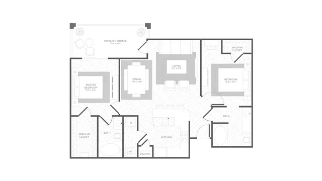 Marina Floorplan, 2 Bedroom 2 Bathroom, 1043 Square Feet