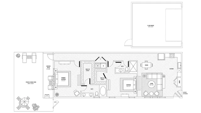 Inviting floor plan showcasing 2 bedrooms, a spacious living area, modern kitchen, and 2-car garage. Features include walk-in closets, private fenced yard, and a covered patio, perfect for comfortable living.
