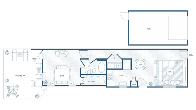 Elegant floor plan showcasing a spacious bedroom, open-concept living and dining area, modern kitchen, private fenced yard, and garage.
