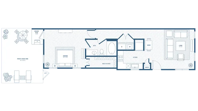 Charming floor plan with one bedroom, walk-in closet, bath, spacious kitchen, cozy dining area, and living room plus private fenced yard and covered patio.