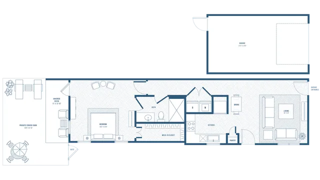 Elegant floor plan showcasing 1 bedroom, spacious living room, modern kitchen, dining area, private fenced yard, and garage.