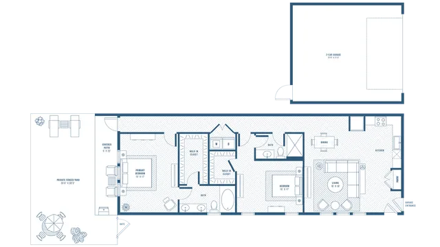 Elegant floor plan showcasing a spacious layout with 3 bedrooms, expansive living area, modern kitchen, dual bathrooms, walk-in closets, a private fenced yard, and a 2-car garage.