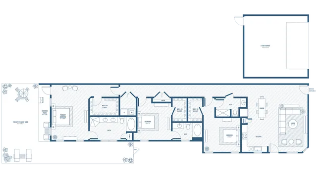 Elegant floor plan showcasing 3 bedrooms, spacious living room, modern kitchen, 2 bathrooms, and 2-car garage, with private fenced yard and covered patio.