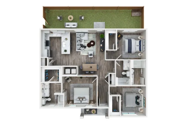 Chic 3D floor plan showcasing three bedrooms, modern open kitchen with island, stylish living area, and cozy outdoor patio.