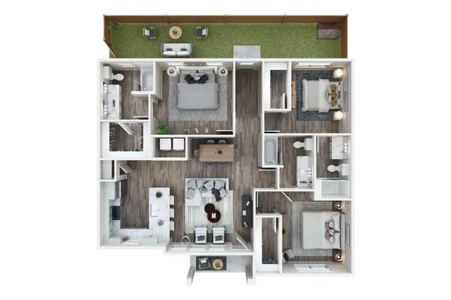 Modern apartment floor plan featuring 3 spacious bedrooms, elegant living room, gourmet kitchen, and scenic patio area.