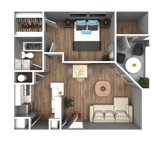 Sophisticated 2D floor plan showcasing a master bedroom, open living space, modern kitchen, and cozy sitting area.