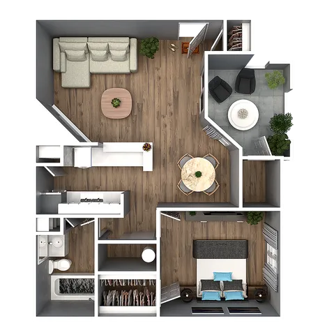 2D floor plan showcasing 1 bedroom, open living and dining area, and a cozy patio.