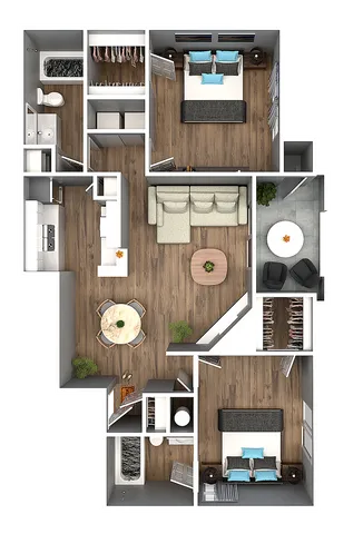 A detailed 3D floor plan showcasing a modern apartment with two bedrooms, open living area, kitchen, and two bathrooms.