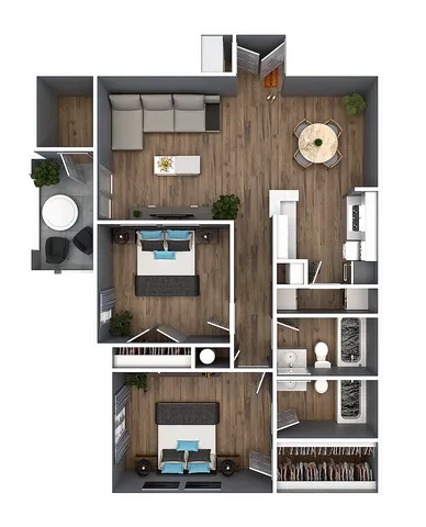 Elegant 2-bedroom, 2-bathroom floor plan with an open living and dining area, spacious kitchen, and modern design.