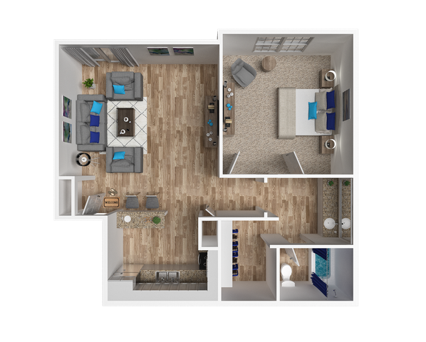 3D floor plan highlighting a spacious bedroom, open-concept living area, modern kitchen, and elegant bathroom.
