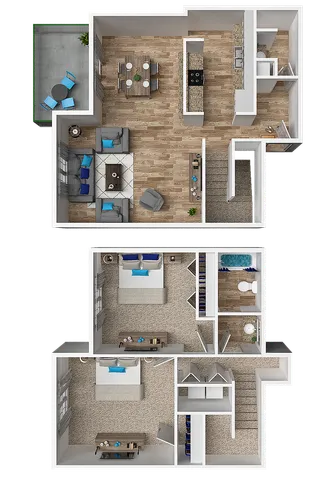 3D floor plan of a duplex apartment with 2 bedrooms, open living area, kitchen, and balcony.