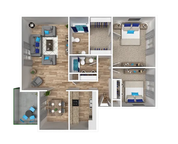 3D floor plan showcasing 2 bedrooms, 2 bathrooms, an open living space, a modern kitchen, and a balcony.