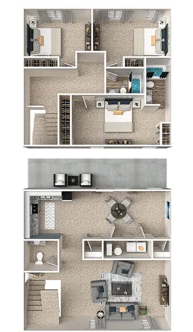 Elegant 3D floor plan showcasing three bedrooms and open living areas with contemporary furnishings.
