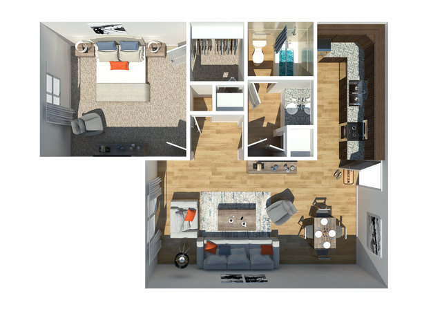 3D floor plan featuring a spacious bedroom, open living area, modern kitchen, and dual bathrooms.