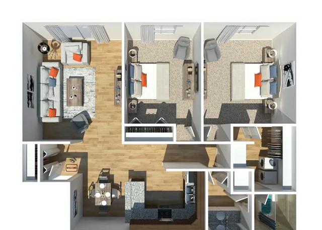 Stylish floor plan showcasing 2 bedrooms, an expansive living room, dining area, and a modern kitchen layout.