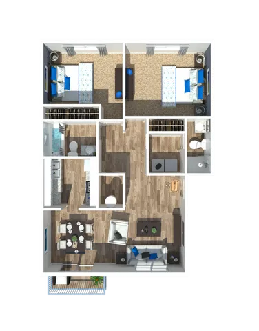 Stylish floor plan showcasing two bedrooms, a modern kitchen, and an open living area with a dining space.