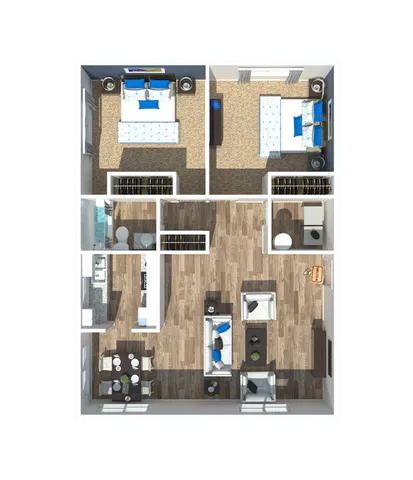 3D floor plan depicting a two-bedroom apartment with open living and dining areas.