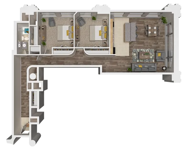 Sophisticated 3D floor plan illustrating two bedrooms, an open living and dining area, with a modern kitchen design.