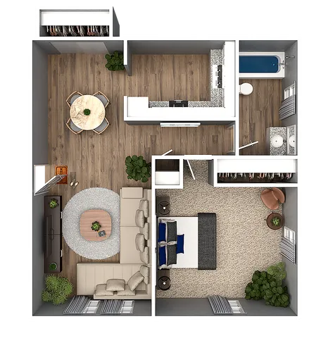 Chic open-plan apartment floor plan with one bedroom, a spacious living area, and modern kitchen.