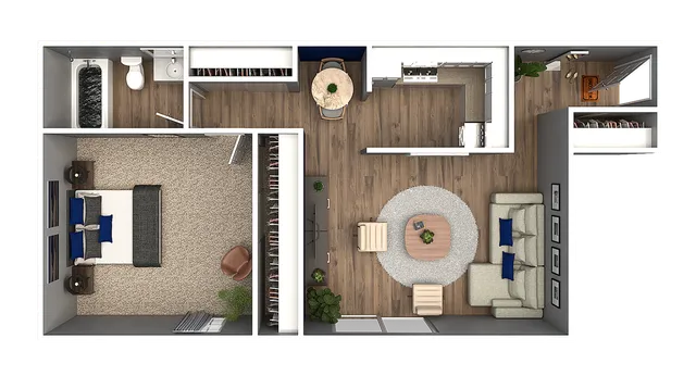 Stylish 2D floor plan with 1 bedroom, spacious living room, dining area, and modern kitchen.
