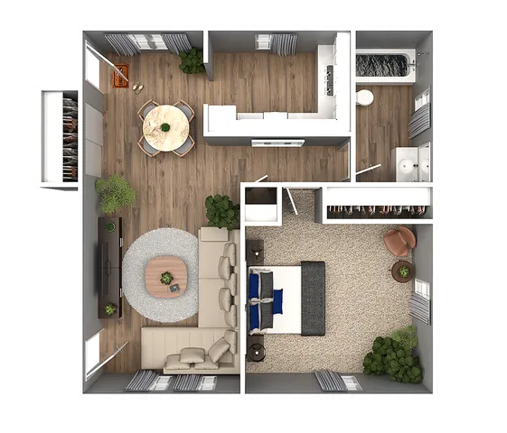 Elegant floor plan showcasing a one-bedroom apartment with an open living area, dining space, and modern kitchen.