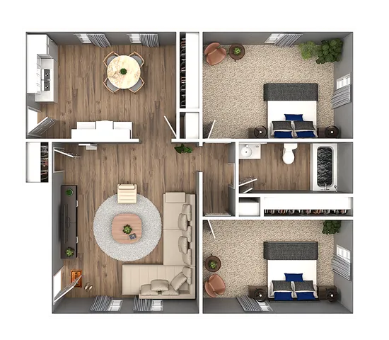 Detailed 3D floor plan showing two bedrooms, a spacious living room, open kitchen, and dining area.